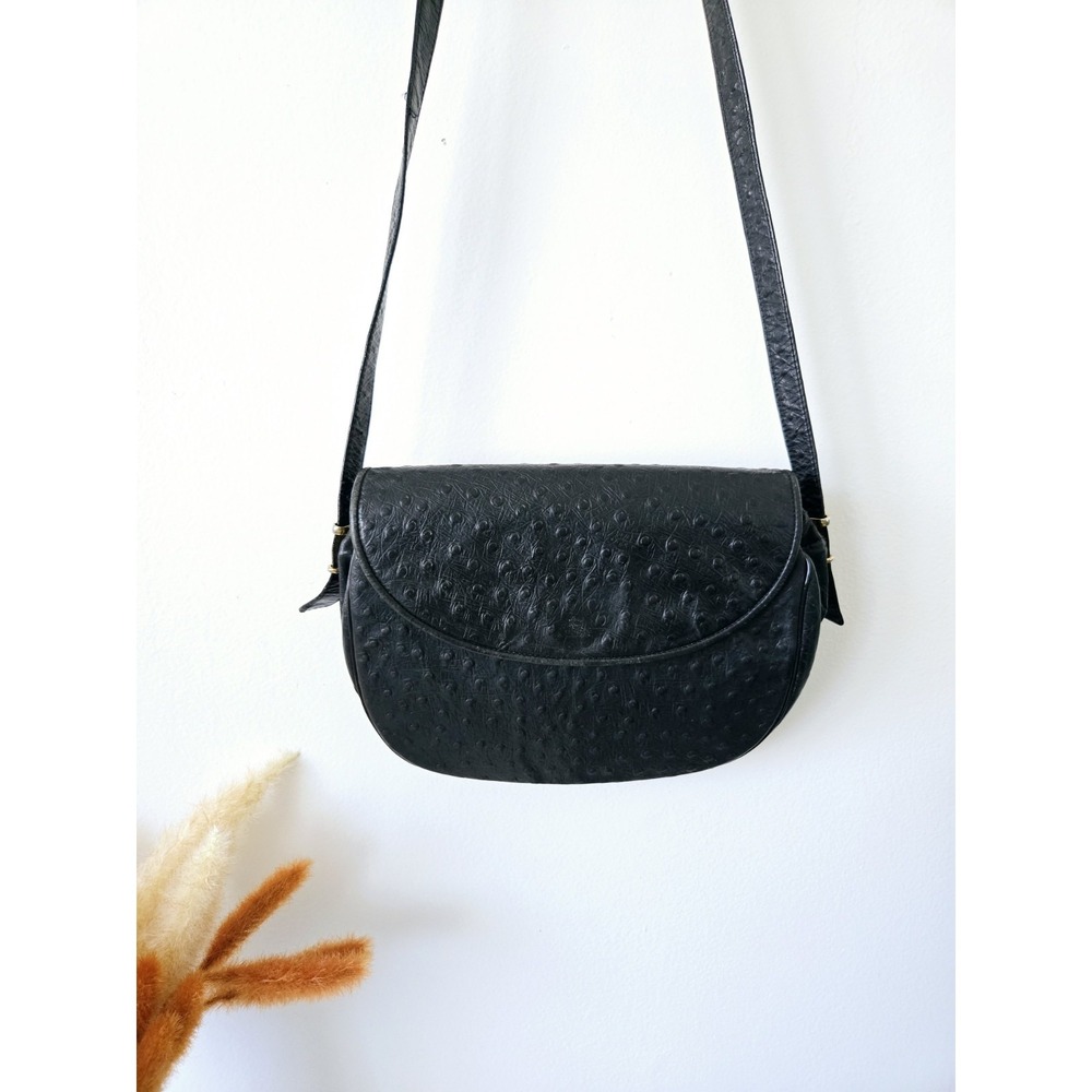 Vintage Koret Ostrich Leather Black Crossbody Handbag 70's Style